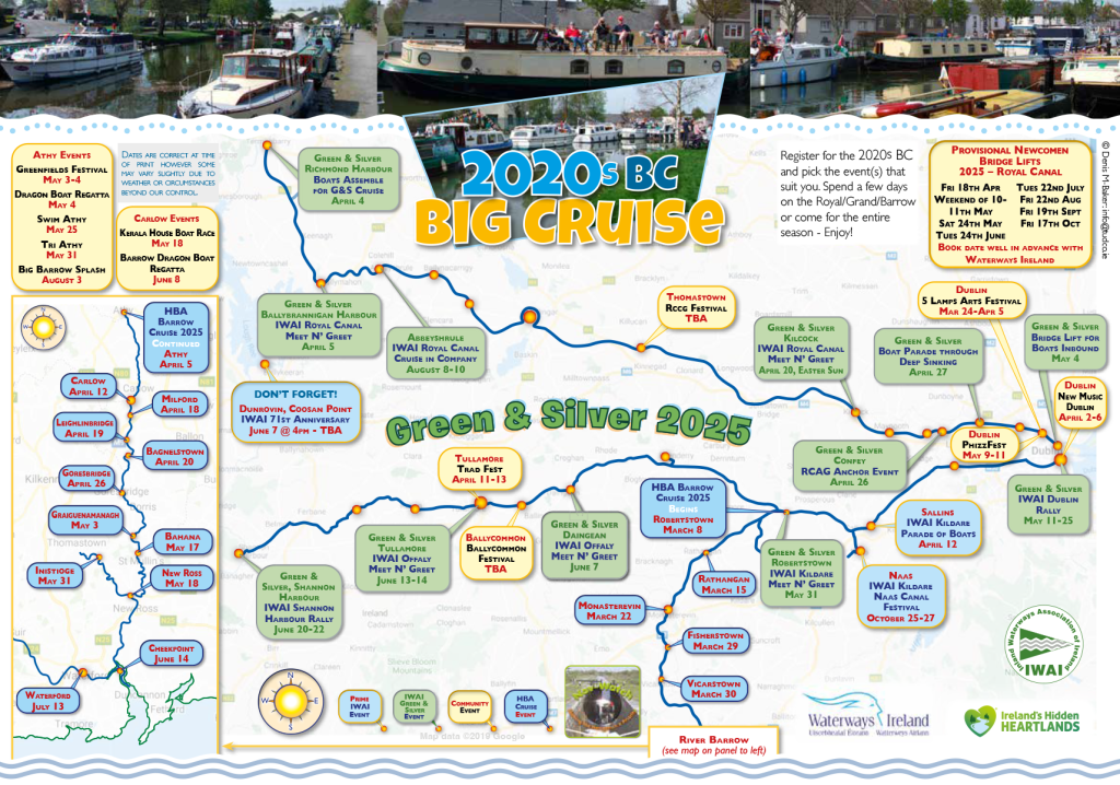 Promotional event map designed for the Inland Waterways Association of Ireland, illustrating the 2020s Big Cruise and Green & Silver 2025 routes and activities. Created by The Unlimited Design Company, County Kildare, as part of ongoing outsourced design support for IWAI publications and events.