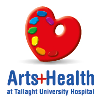 Logo design for Arts + Health at Tallaght University Hospital, featuring a red artist’s palette in the shape of a heart with multicoloured paint dabs, created by The Unlimited Design Company, County Kildare.