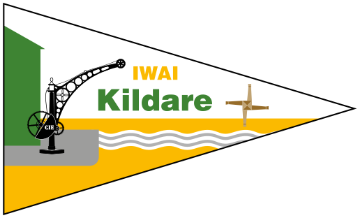 Burgee and logo design for the Inland Waterways Association of Ireland, Kildare Branch, featuring a canal crane, Brigid’s cross, and stylised waterway, designed by The Unlimited Design Company, County Kildare.